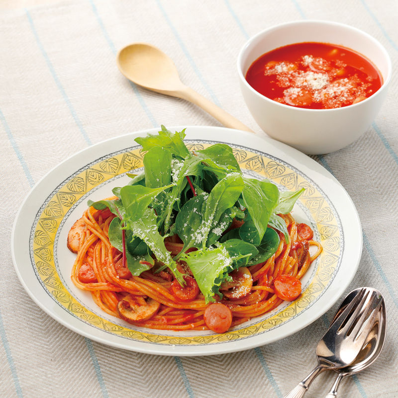 野菜ジューススープとベジナポリタン